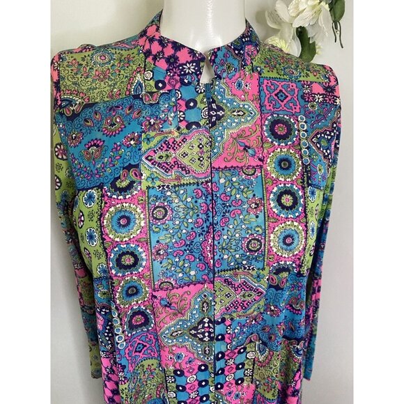 Loll Ease Midi Dress Slinky Patchwork Print Dress Lounging Robe S/M Front Zip GC - Picture 13 of 16